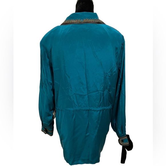 Bob Mackie NWT Vintage Teal Silk Embroidered coat front zip & drawstring size L - Picture 7 of 10